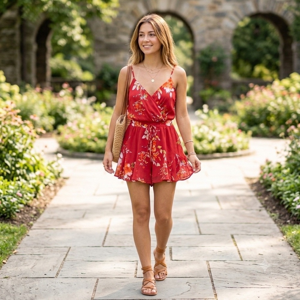 Altar'd State Red Floral Romper Summer Sleeveless V-Neck Chiffon Shorts Small
